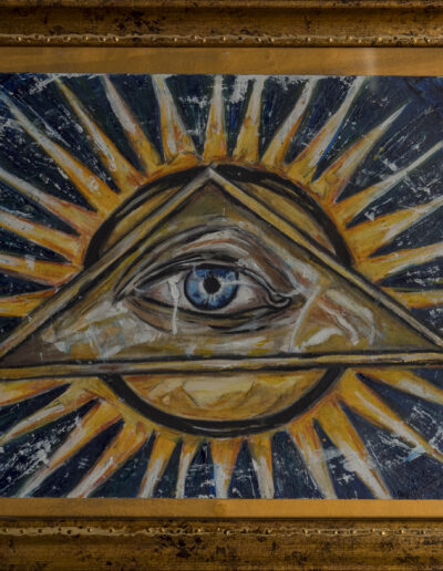 Symbolische Acrylmalerei mit Auge im goldenen Rahmen, Sinnbild für Wahrheit und Erkenntnis