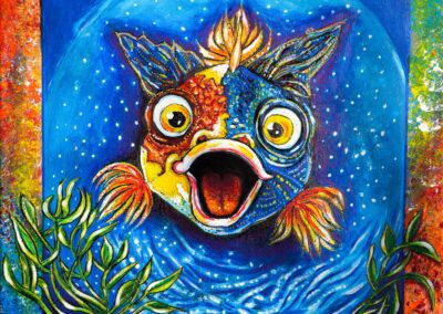 Farbenfrohes Tierporträt mit großen Augen in Blau- und Orangetönen – Acrylmalerei von Annett Precht