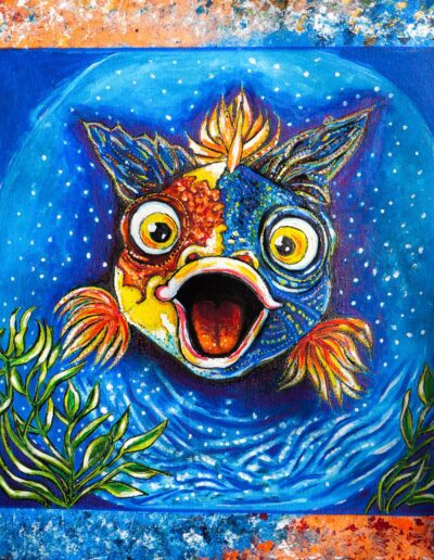 Farbenfrohes Tierporträt mit großen Augen in Blau- und Orangetönen – Acrylmalerei von Annett Precht