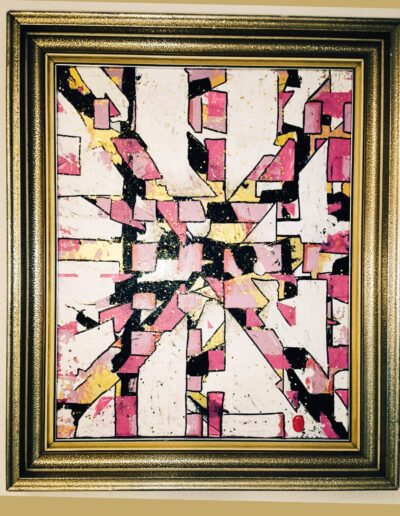 Geometrische Acrylmalerei in Rosa- und Rottönen, Rhythmus und Struktur