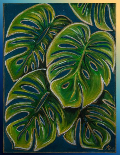 Pflanzenmotiv mit Monstera-Blättern in Grüntönen – Acrylmalerei von Annett Precht