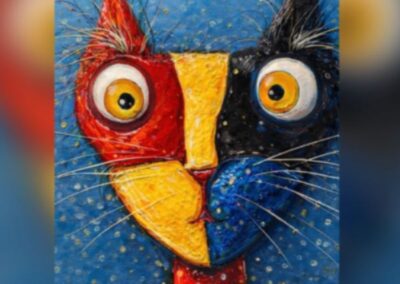 Abstraktes Katzenporträt mit kräftigen Farben und expressivem Ausdruck – Acrylmalerei von Annett Precht