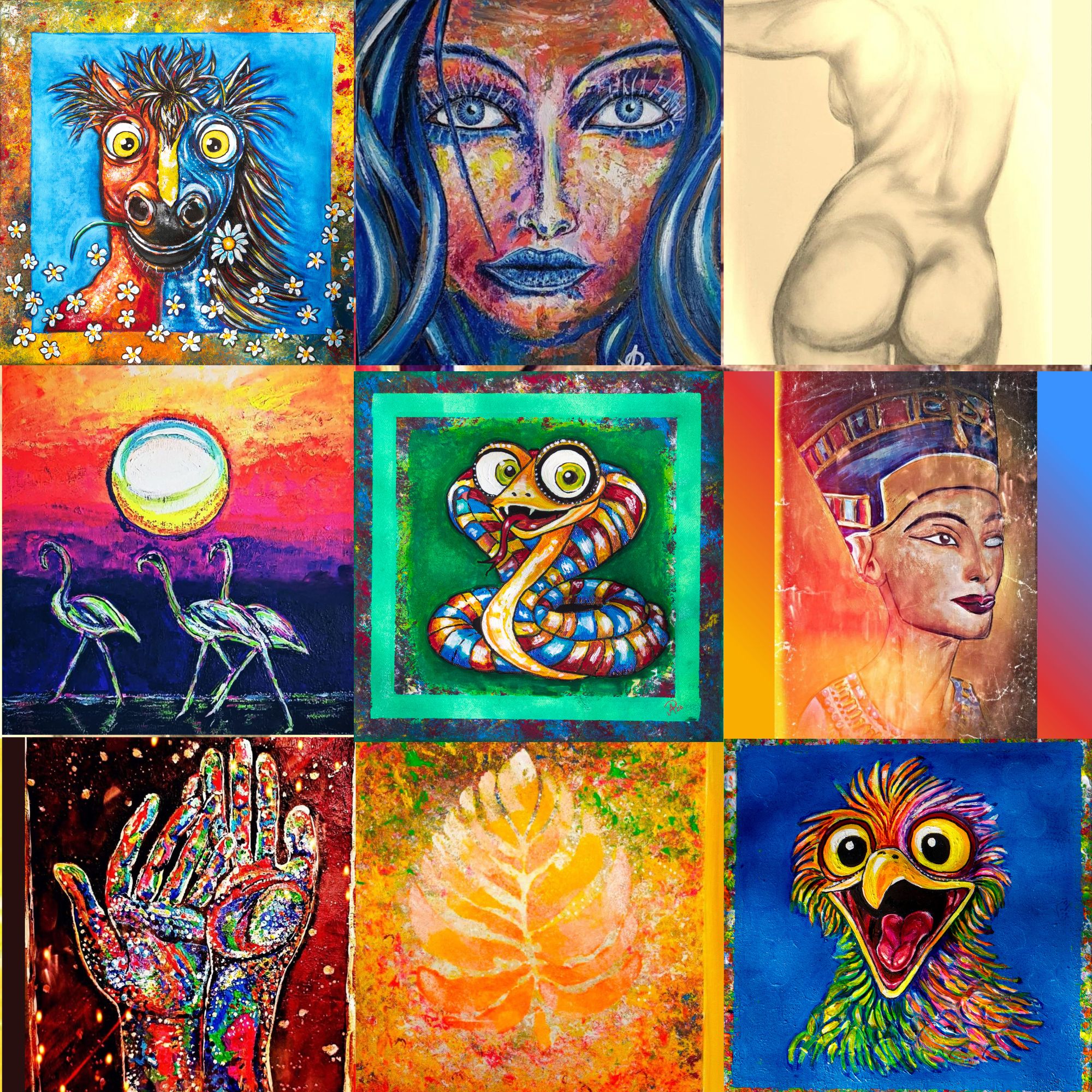 Ausdrucksstarkes Acrylporträt eines Gesichts mit intensivem Blick und farbigen Akzenten, auf den Wangen die Worte „Schutz“ und „Engel“, symbolisch für innere Begleitung.