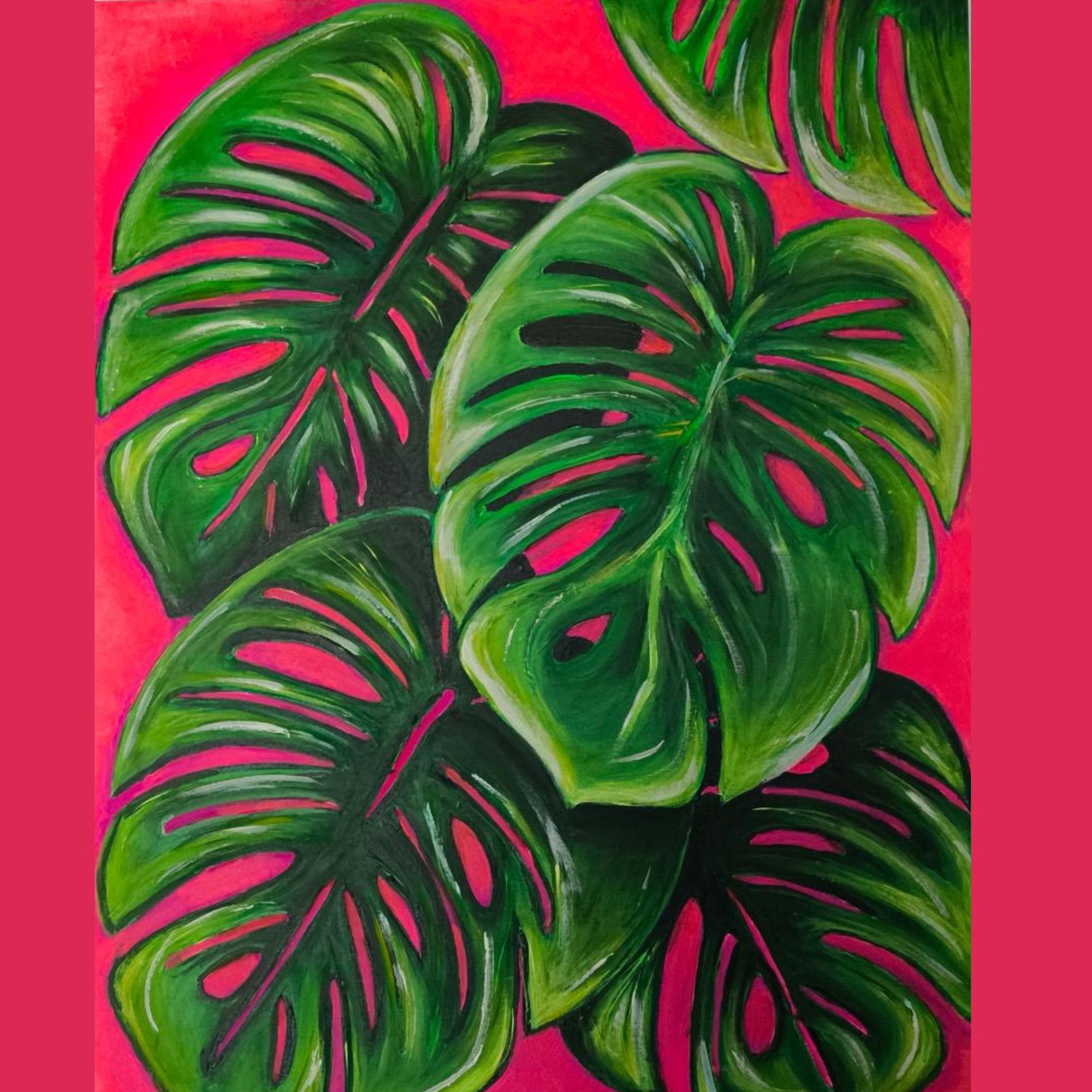 Große grüne Blätter vor kräftigem pinkem Hintergrund