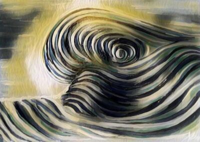 Abstrakte Wellenform aus geschwungenen Linien in Blau-, Grau- und Sandtönen, fließende Bewegung und Tiefe