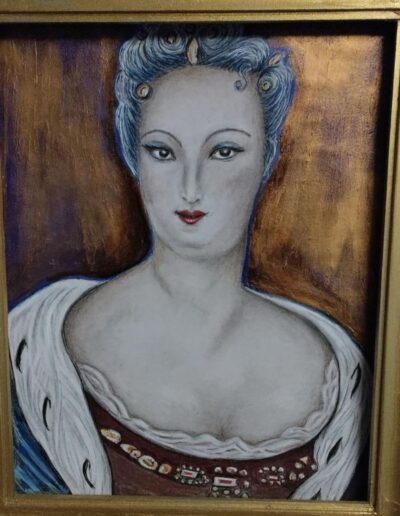 Klassisch anmutendes Frauenporträt in gedämpften Farben, eingefasst in einen goldenen Rahmen.