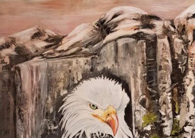 Acrylgemälde eines Greifvogels mit kraftvollem Blick vor felsiger Landschaft in warmen Erd- und Naturtönen
