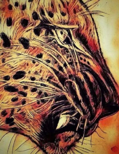 Ausdrucksstarkes Gemälde eines Leopardenkopfes in warmen Gelb-, Orange- und Schwarztönen