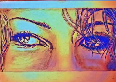 Emotionales Acrylbild mit zwei Augenpaaren in leuchtenden Farben als Symbol für Nähe und Verbundenheit