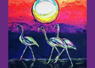 Farbenfrohes Acrylgemälde dreier Pelikane in Violett- und Blautönen mit expressiver Struktur