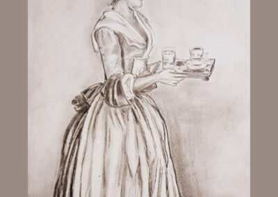 Feine Zeichnung einer historischen Magd mit Tablett in ruhiger, klassischer Anmutung
