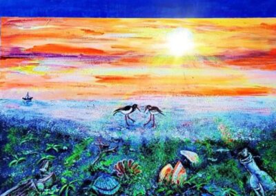 Fantasievolle Unterwasserlandschaft mit Pflanzen, Muscheln und Figuren in intensiven Blau- und Grüntönen