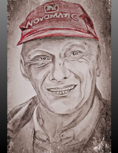 Porträtzeichnung von Niki Lauda mit roter Kappe in realistischer, reduzierter Darstellung