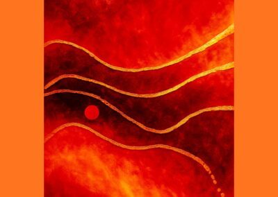 Abstraktes Acrylgemälde in kräftigen Rot- und Orangetönen mit fließenden goldfarbenen Linien und einem kreisförmigen Zentrum, das Energie und Bewegung ausstrahlt.