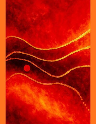 Abstraktes Acrylgemälde in kräftigen Rot- und Orangetönen mit fließenden goldfarbenen Linien und einem kreisförmigen Zentrum, das Energie und Bewegung ausstrahlt.