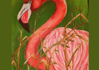 Acrylgemälde eines roten Pelikans im Profil vor grünem Hintergrund, mit geschwungenem Hals und fein ausgearbeiteten Federstrukturen.