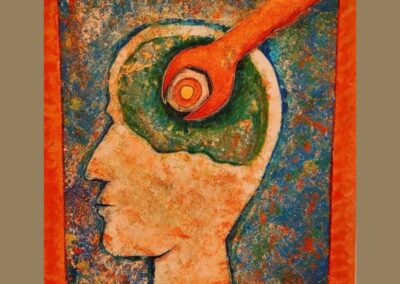 Symbolisches Acrylgemälde eines menschlichen Kopfprofils, bei dem eine Hand eine Schraube im Bereich des Gehirns löst – Darstellung von Gedanken, Veränderung und innerer Bewegung.