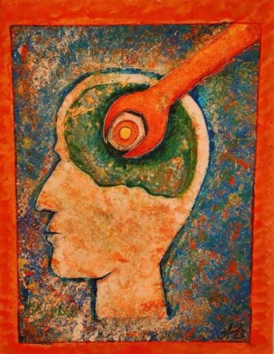 Symbolisches Acrylgemälde eines menschlichen Kopfprofils, bei dem eine Hand eine Schraube im Bereich des Gehirns löst – Darstellung von Gedanken, Veränderung und innerer Bewegung.