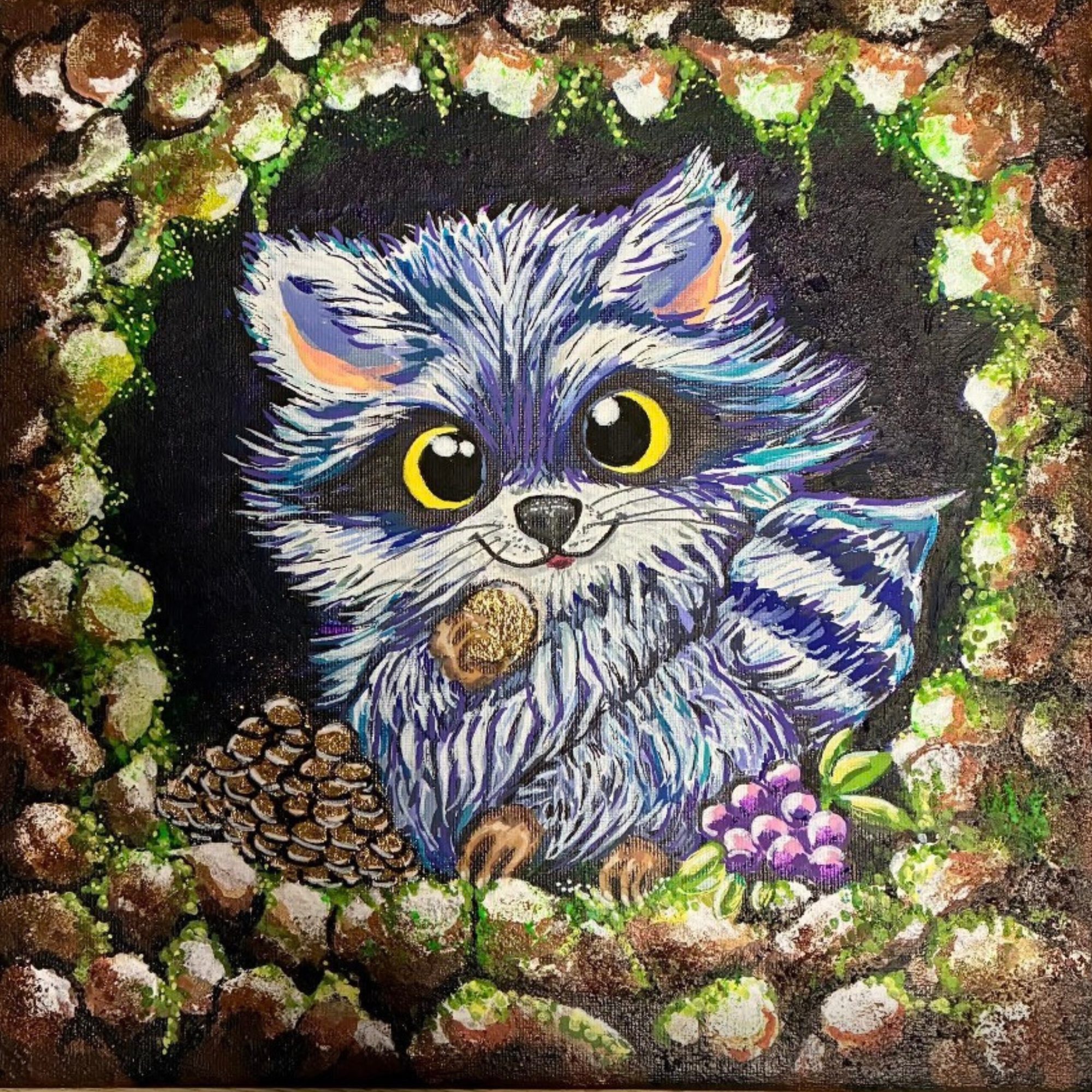 Ausdrucksstarkes Acrylporträt eines Gesichts mit intensivem Blick und farbigen Akzenten, auf den Wangen die Worte „Schutz“ und „Engel“, symbolisch für innere Begleitung.